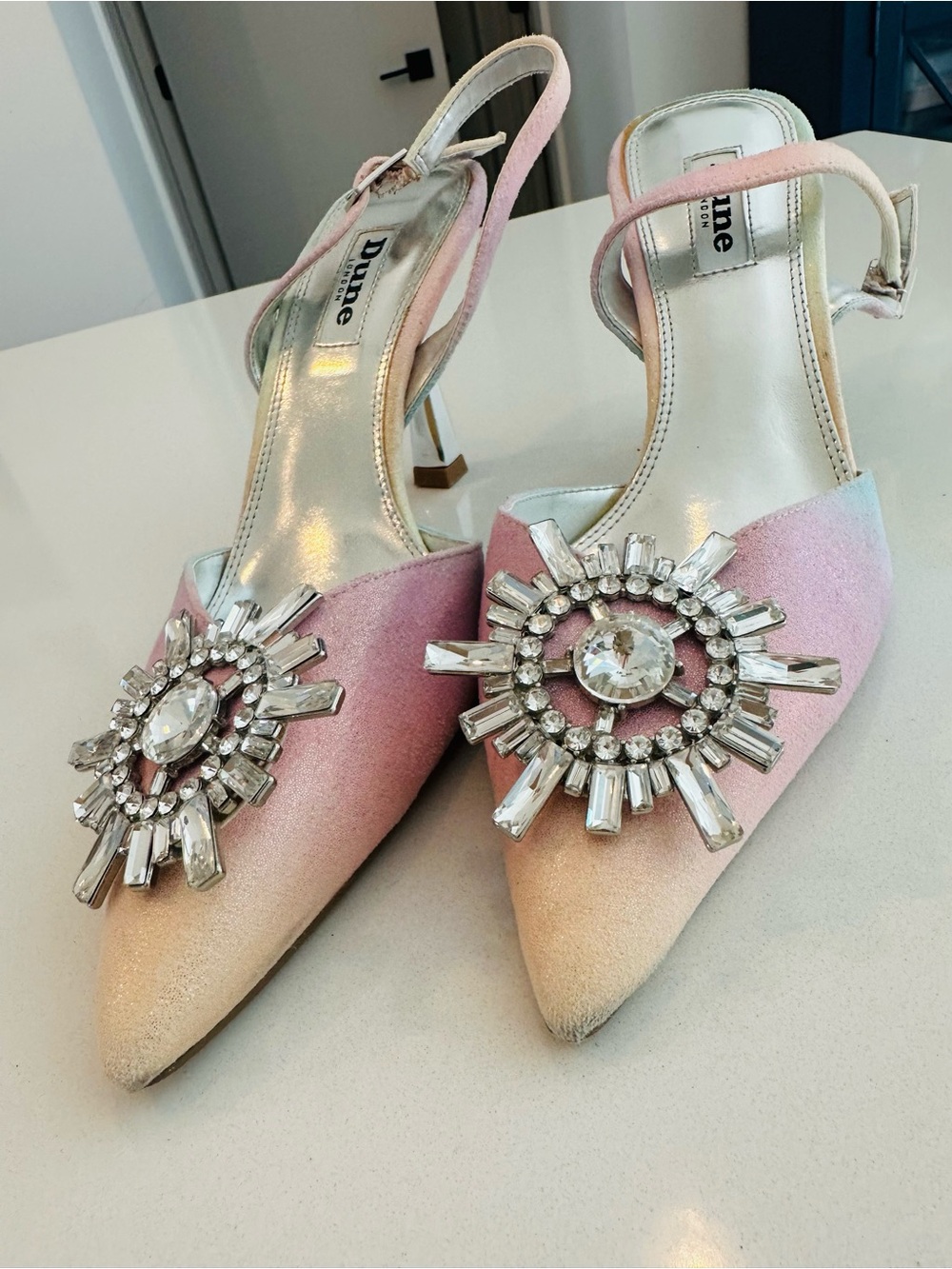 Dune London Pink to Peach Ombre Crystal Brooch Slingback Heels